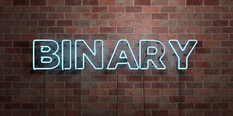 BINARY - fluorescent Neon tube Sign on brickwork - Front view - 3D rendered royalty free stock picture. Can be used for online banner ads and direct mailers..