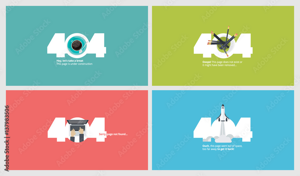 Wall mural set of flat design 404 error page templates. vector concept illustrations of page not found for webs