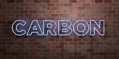 CARBON - fluorescent Neon tube Sign on brickwork - Front view - 3D rendered royalty free stock picture. Can be used for online banner ads and direct mailers..