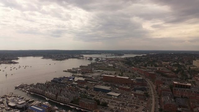 Portland Maine Aerial v4 Flying low over downtown panning.