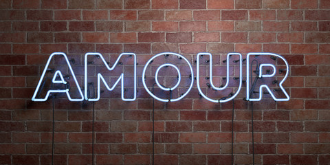 AMOUR - fluorescent Neon tube Sign on brickwork - Front view - 3D rendered royalty free stock picture. Can be used for online banner ads and direct mailers..
