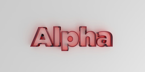 Alpha - Red glass text on white background - 3D rendered royalty free stock image.