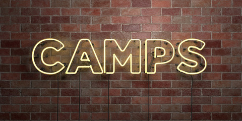 Obraz premium CAMPS - fluorescent Neon tube Sign on brickwork - Front view - 3D rendered royalty free stock picture. Can be used for online banner ads and direct mailers..