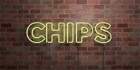 CHIPS - fluorescent Neon tube Sign on brickwork - Front view - 3D rendered royalty free stock picture. Can be used for online banner ads and direct mailers..