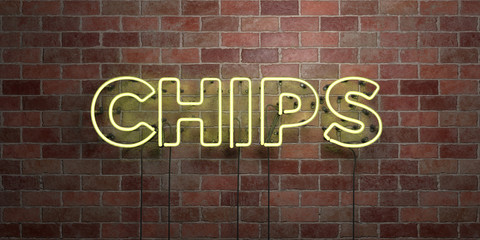 Fototapeta premium CHIPS - fluorescent Neon tube Sign on brickwork - Front view - 3D rendered royalty free stock picture. Can be used for online banner ads and direct mailers..