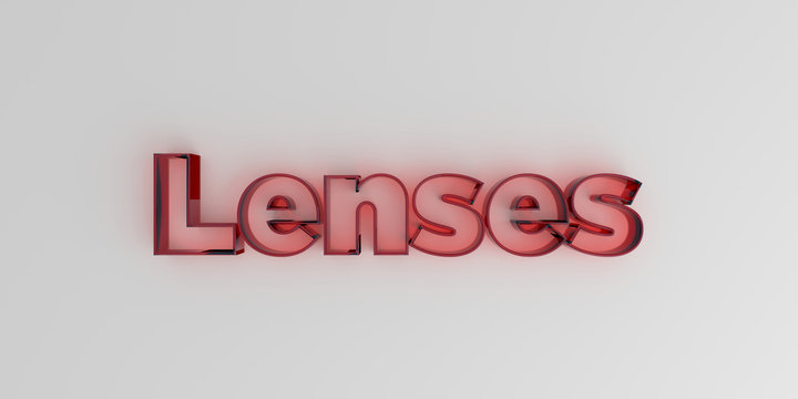 Lenses - Red glass text on white background - 3D rendered royalty free stock image.