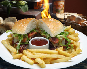 Hamburger with fries
