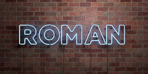 ROMAN - fluorescent Neon tube Sign on brickwork - Front view - 3D rendered royalty free stock picture. Can be used for online banner ads and direct mailers..