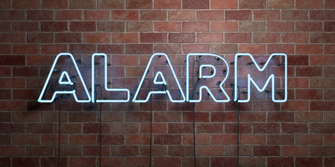 ALARM - fluorescent Neon tube Sign on brickwork - Front view - 3D rendered royalty free stock picture. Can be used for online banner ads and direct mailers..