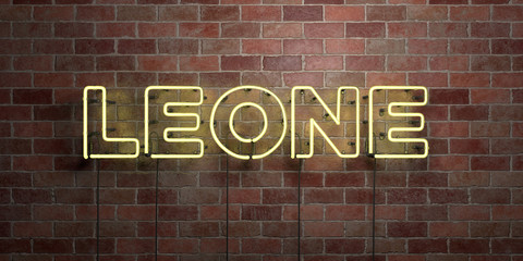 LEONE - fluorescent Neon tube Sign on brickwork - Front view - 3D rendered royalty free stock picture. Can be used for online banner ads and direct mailers..