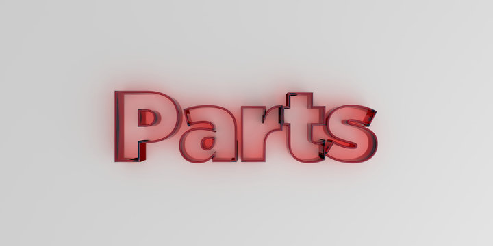 Parts - Red glass text on white background - 3D rendered royalty free stock image.