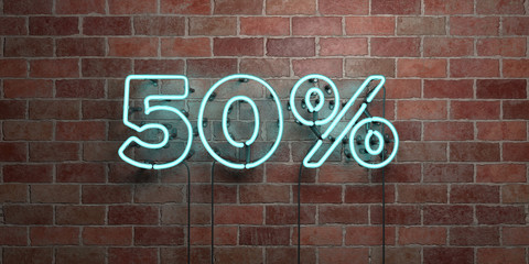 Fototapeta premium 50% - fluorescent Neon tube Sign on brickwork - Front view - 3D rendered royalty free stock picture. Can be used for online banner ads and direct mailers..