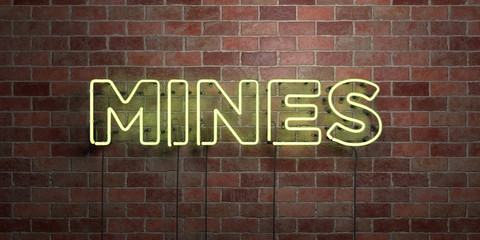 MINES - fluorescent Neon tube Sign on brickwork - Front view - 3D rendered royalty free stock picture. Can be used for online banner ads and direct mailers..