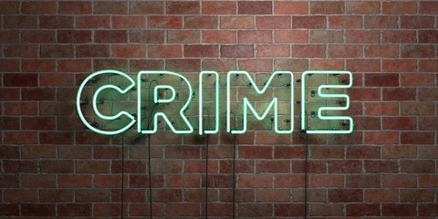 CRIME - fluorescent Neon tube Sign on brickwork - Front view - 3D rendered royalty free stock picture. Can be used for online banner ads and direct mailers..