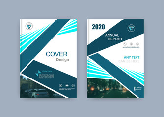 Book cover design. Brochure title sheet. Abstract composition with image. Blue green, turquoise colored geometric shapes. Set of A4 interesting vector illustration. Minimalistic style. Creative.