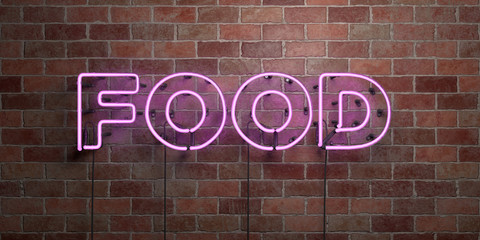 Fototapeta na wymiar FOOD - fluorescent Neon tube Sign on brickwork - Front view - 3D rendered royalty free stock picture. Can be used for online banner ads and direct mailers..