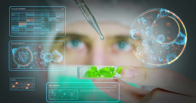 A scientist in a laboratory, analyzing the plants and earth tubes and slides in and take up the DNA and does research in biochemistry. Concept: analysis, dna, bio, microbiology, love of nature