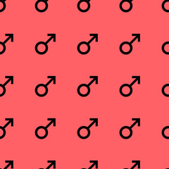 Seamless pattern with black male symbols. Male signs same sizes. Pattern on red background. Vector illustration