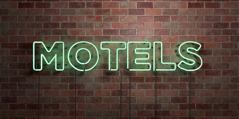 MOTELS - fluorescent Neon tube Sign on brickwork - Front view - 3D rendered royalty free stock picture. Can be used for online banner ads and direct mailers..