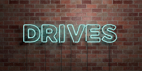 DRIVES - fluorescent Neon tube Sign on brickwork - Front view - 3D rendered royalty free stock picture. Can be used for online banner ads and direct mailers..