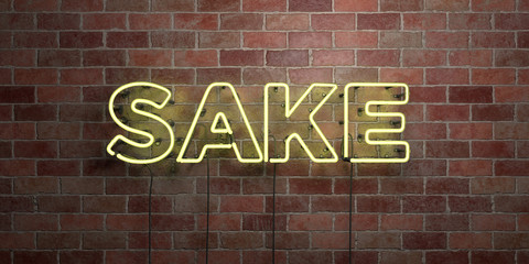 SAKE - fluorescent Neon tube Sign on brickwork - Front view - 3D rendered royalty free stock picture. Can be used for online banner ads and direct mailers..