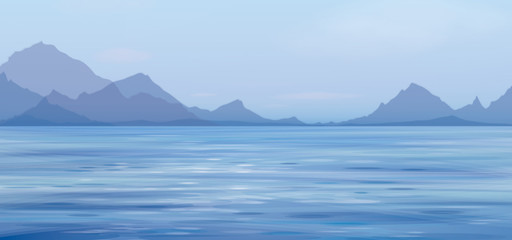 Vector blue sea scene  on  mountains  background.