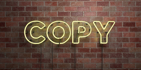 COPY - fluorescent Neon tube Sign on brickwork - Front view - 3D rendered royalty free stock picture. Can be used for online banner ads and direct mailers..