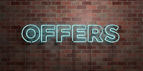 OFFERS - fluorescent Neon tube Sign on brickwork - Front view - 3D rendered royalty free stock picture. Can be used for online banner ads and direct mailers..