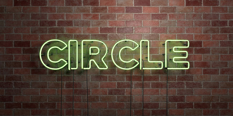 CIRCLE - fluorescent Neon tube Sign on brickwork - Front view - 3D rendered royalty free stock picture. Can be used for online banner ads and direct mailers..