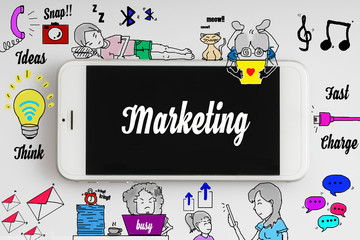 "Marketing" words on smartphone with doodle and social media icon - internet, social, marketing and business concept