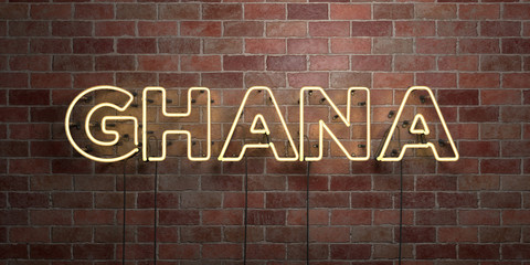 Fototapeta premium GHANA - fluorescent Neon tube Sign on brickwork - Front view - 3D rendered royalty free stock picture. Can be used for online banner ads and direct mailers..