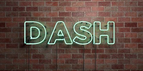 DASH - fluorescent Neon tube Sign on brickwork - Front view - 3D rendered royalty free stock picture. Can be used for online banner ads and direct mailers..