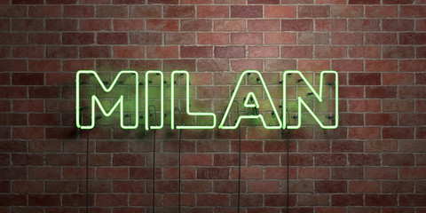 MILAN - fluorescent Neon tube Sign on brickwork - Front view - 3D rendered royalty free stock picture. Can be used for online banner ads and direct mailers..