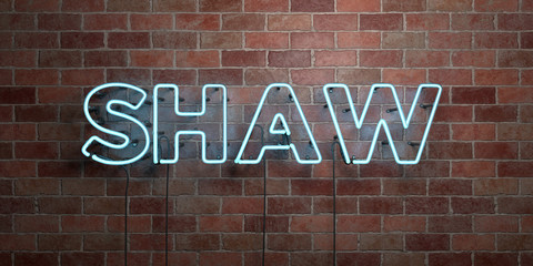 SHAW - fluorescent Neon tube Sign on brickwork - Front view - 3D rendered royalty free stock picture. Can be used for online banner ads and direct mailers..