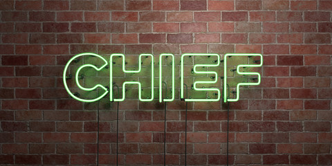CHIEF - fluorescent Neon tube Sign on brickwork - Front view - 3D rendered royalty free stock picture. Can be used for online banner ads and direct mailers..