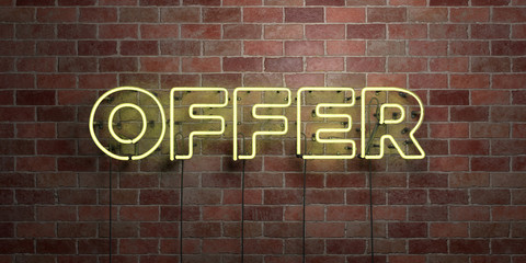 OFFER - fluorescent Neon tube Sign on brickwork - Front view - 3D rendered royalty free stock picture. Can be used for online banner ads and direct mailers..
