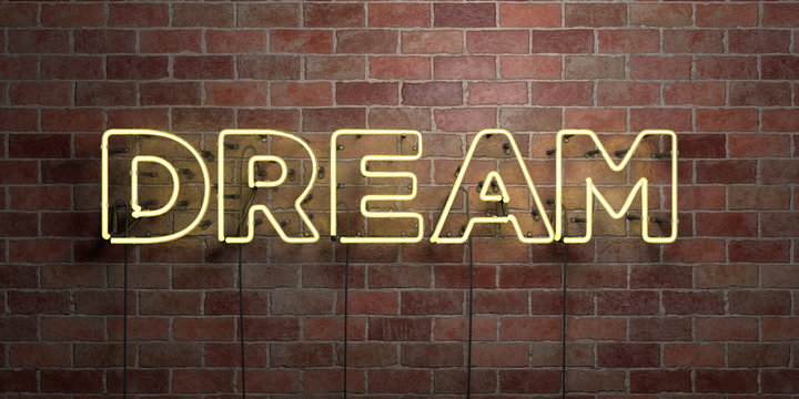 DREAM - fluorescent Neon tube Sign on brickwork - Front view - 3D rendered royalty free stock picture. Can be used for online banner ads and direct mailers..
