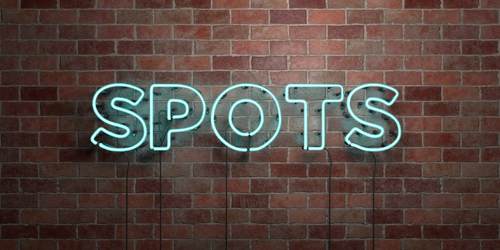 SPOTS - fluorescent Neon tube Sign on brickwork - Front view - 3D rendered royalty free stock picture. Can be used for online banner ads and direct mailers..