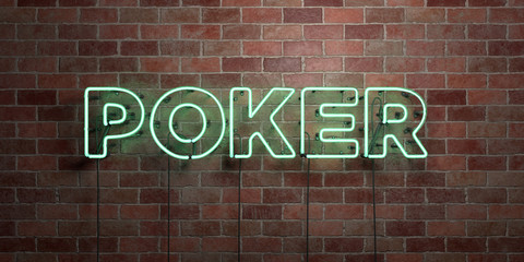 POKER - fluorescent Neon tube Sign on brickwork - Front view - 3D rendered royalty free stock picture. Can be used for online banner ads and direct mailers..