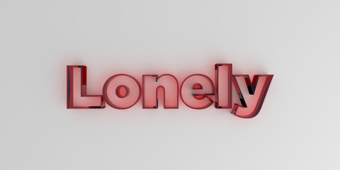 Lonely - Red glass text on white background - 3D rendered royalty free stock image.