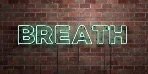 BREATH - fluorescent Neon tube Sign on brickwork - Front view - 3D rendered royalty free stock picture. Can be used for online banner ads and direct mailers..