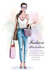 Stylish beautiful woman with shopping bags. Sketch. Hand drawn girl in fashion clothes. Fashion illustration.  © marisa__