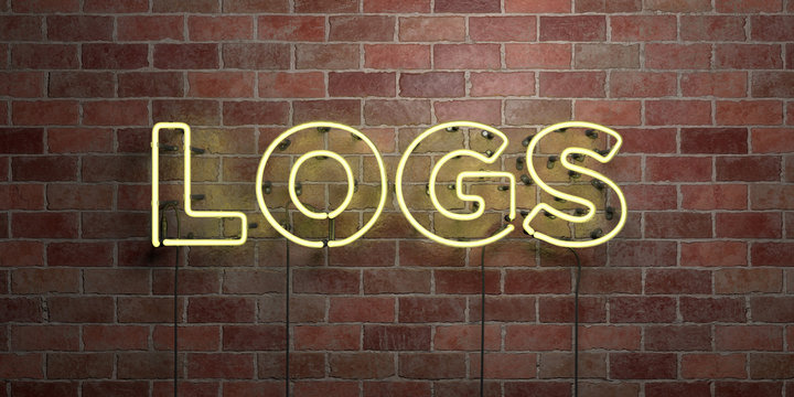 LOGS - fluorescent Neon tube Sign on brickwork - Front view - 3D rendered royalty free stock picture. Can be used for online banner ads and direct mailers..