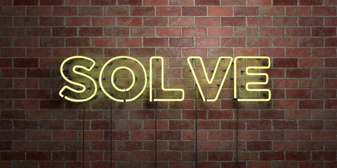 SOLVE - fluorescent Neon tube Sign on brickwork - Front view - 3D rendered royalty free stock picture. Can be used for online banner ads and direct mailers..