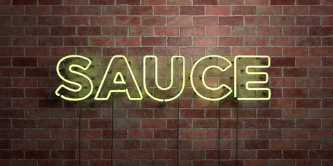 SAUCE - fluorescent Neon tube Sign on brickwork - Front view - 3D rendered royalty free stock picture. Can be used for online banner ads and direct mailers..