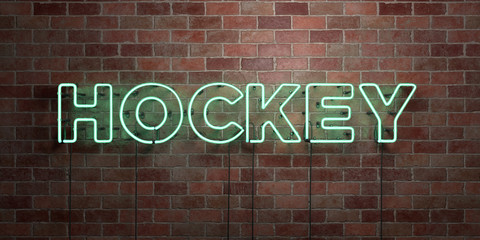 HOCKEY - fluorescent Neon tube Sign on brickwork - Front view - 3D rendered royalty free stock picture. Can be used for online banner ads and direct mailers..