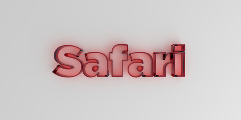 Safari - Red glass text on white background - 3D rendered royalty free stock image.