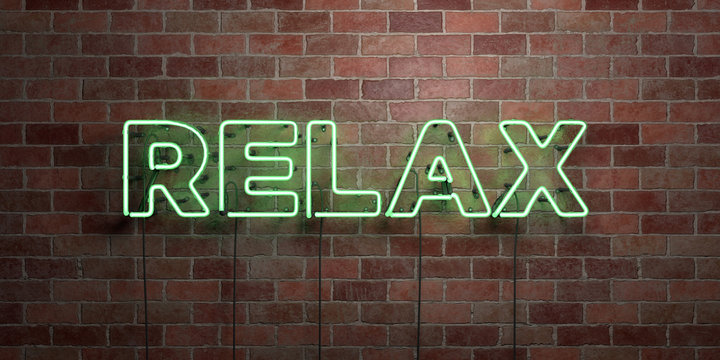 RELAX - fluorescent Neon tube Sign on brickwork - Front view - 3D rendered royalty free stock picture. Can be used for online banner ads and direct mailers..