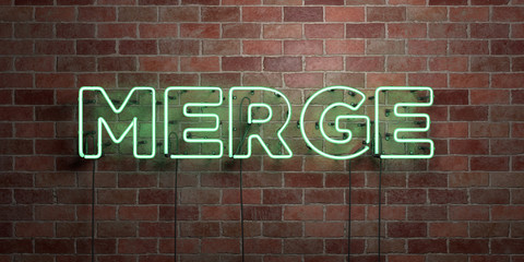 Obraz premium MERGE - fluorescent Neon tube Sign on brickwork - Front view - 3D rendered royalty free stock picture. Can be used for online banner ads and direct mailers..