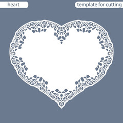 Greeting card with openwork border, paper doily under the cake, template for cutting in the form of heart, valentine card,  wedding invitation, decorative plate is laser cut,  vector illustrations.